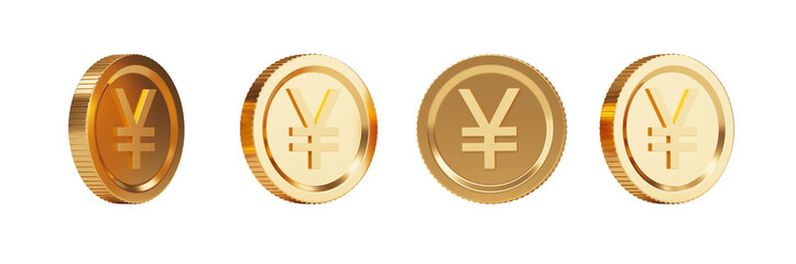 Four golden Yen coins in various angles, isolated on a white background. 3D rendering. Concept of Japanese currency and finance