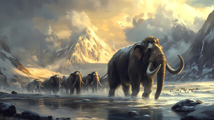 A herd of mammoths crossing a river during the pleistocene period. Tundra Landscape. Illustration