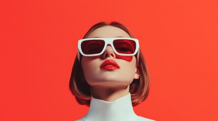 Vivid imagery of a fashionable woman exhibiting boldness, confidence, and modernity with striking red sunglasses against a solid red backdrop exuding vibrancy.