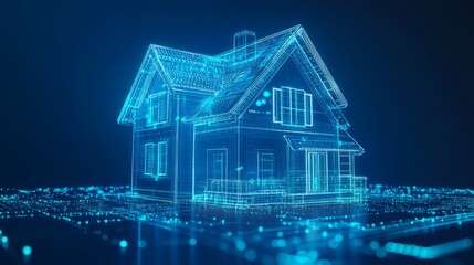 Creative smart house hologram on blue background. Artificial intelligence and virtual assistant concept. 3D Rendering