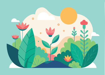Vector illustration in trendy flat simple style - spring and summer background with copy space for text - landscape with plants, leaves, flowers  