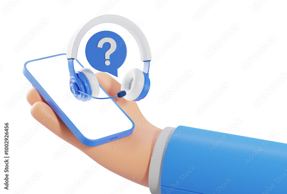 Poster 3d rendering of a hand holding a smartphone with headphones and a question mark. isolated on a white