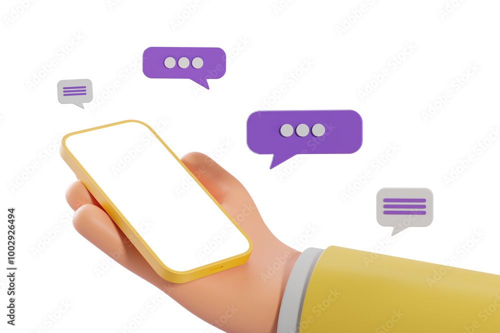 Poster hand holding yellow smartphone with empty mockup screen and chat bubbles around isolated on white ba