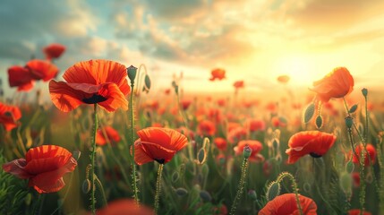 Obraz premium Poppy Field Sunset, poppy flowers, sunset, nature, field , flower