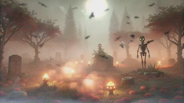 A skeleton stands in a foggy graveyard at night