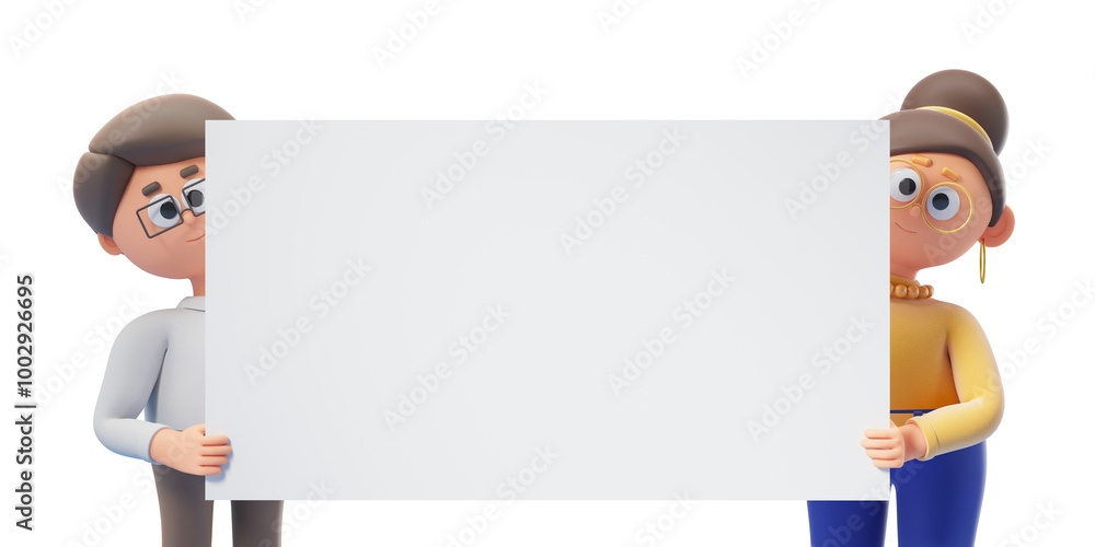Poster two cartoon characters holding a blank sign in front of them, standing on a white background. concep