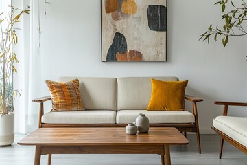 A photo of the mid-century modern interior of a living room with large windows and black sofas and ceiling lights. Generative AI
