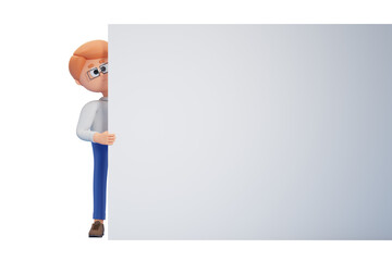 3D character holding a blank sign while peeking from behind it. Clean, isolated on a white background. Concept of advertisement, template. 3D Rendering.