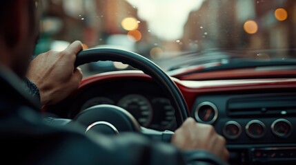 Hands of a driver firmly holding the steering wheel of a classic automobile, showcasing control and skill essential for navigating vintage cars of unmatched elegance.