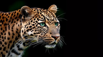 Naklejka premium Close-up portrait of a leopard with piercing green eyes and a black background.