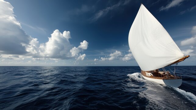 A solitary sailboat with full sails gliding across the vast ocean under a beautiful sky of billowing clouds, embodying adventure and tranquility in the open water's expanse.