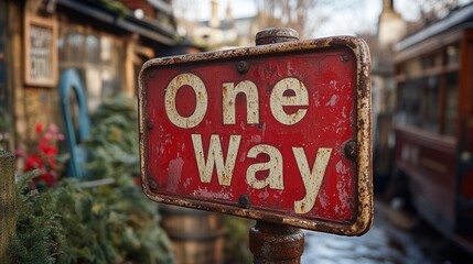 An aged, rustic sign displaying One Way in bold white letters against a red background stands prominently on a busy street filled with greenery and historical architecture