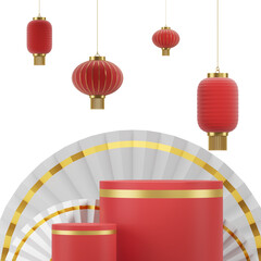 Red lanterns with gold accents and a matching podium in front of a white fan, isolated on a white background. 3D Rendering