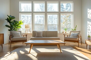 A living room with windows. Photograph of a combination of Scandinavian interiors and mid-century modern interiors with sofas and wood tables. Generative AI
