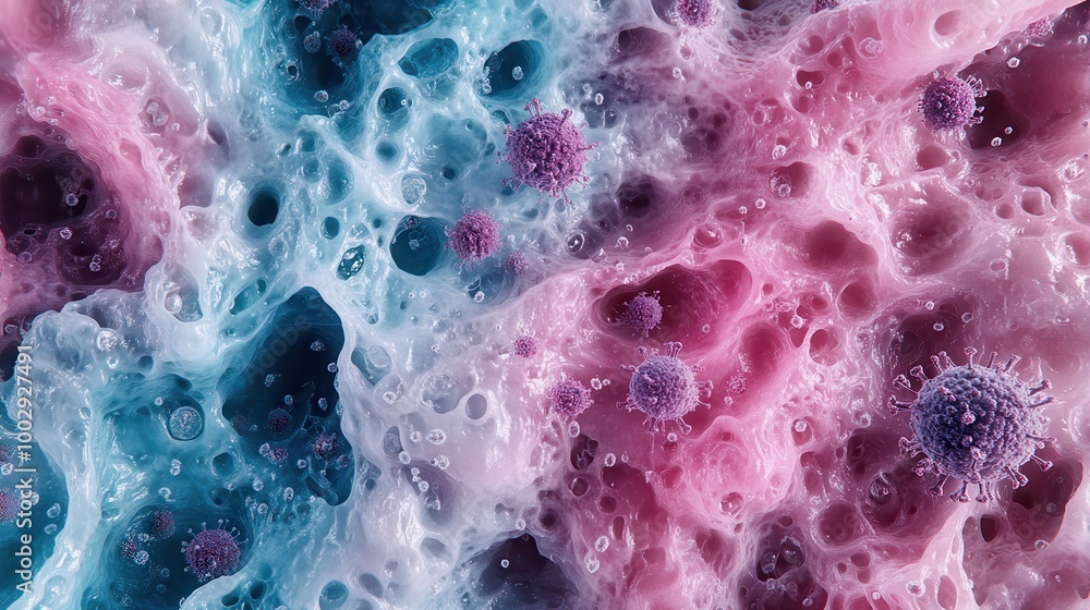 Poster a vibrant, abstract microscopic visualization depicting a dynamic mix of colorful bacteria and virus