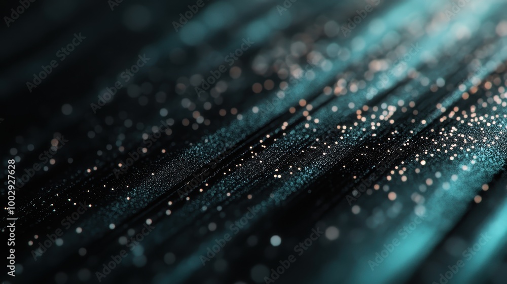 Poster an abstract image featuring shimmering teal lines adorned with sparkling dots, evoking a mystical an