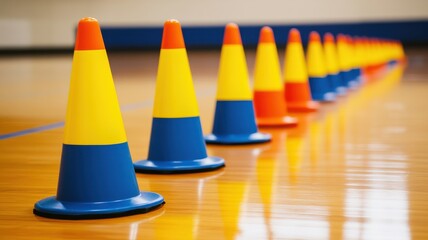 A row of colorful traffic cones arranged neatly on a gymnasium floor, perfect for sports training or event planning.