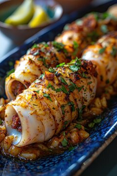Lulas Recheadas: Stuffed squid typically filled with rice, herbs, and sometimes chorizo.
