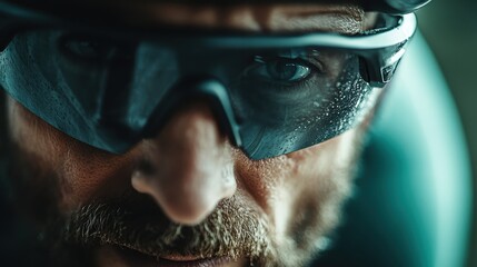 A close-up of a cyclist's face focuses on the raindrop-covered visor and eyes, highlighting resilience and determination under challenging weather conditions.