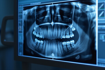 Teeth x-ray on the screen in a dental clinic.