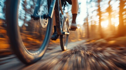 Naklejka premium The motion of a cyclist zooming over a sun-dappled path provides a vivid sense of speed and excitement, with the sun streaming through the autumn forest foliage.