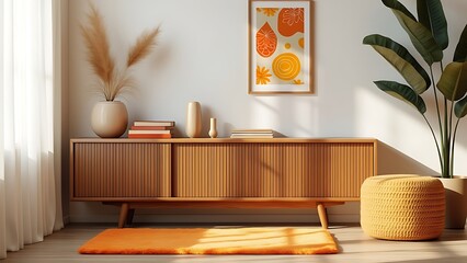 Cozy reading nook with a warm, earthy palette, featuring a wooden cabinet, modern art, and a soft orange stool for a relaxed vibe
