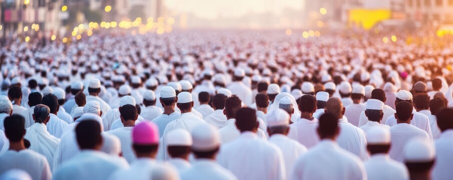 A large gathering of individuals in traditional attire during a religious event, showcasing unity and cultural significance.