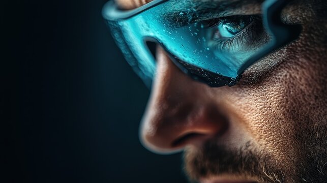 Focused close-up image of a cyclist wearing high-tech sunglasses, emphasizing determination and cutting-edge style in the realm of modern athletic gear.