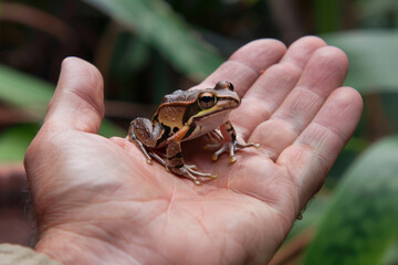 Obraz premium Tiny Frog Resting on Human Hand in Nature 