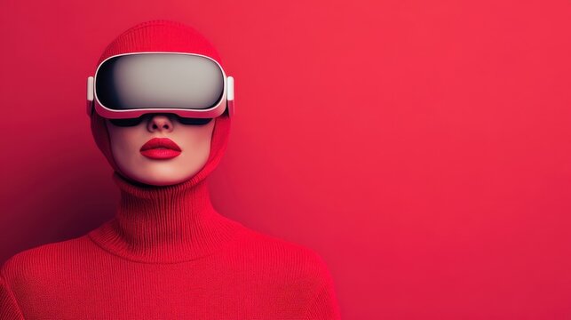 A futuristic depiction of a woman in a red knit helmet with VR goggles, exemplifying advanced technology and modern aesthetic against a stark red background.