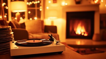 Cozy living room with a turntable and fireplace, illuminated by warm string lights, perfect for a relaxing evening ambiance.