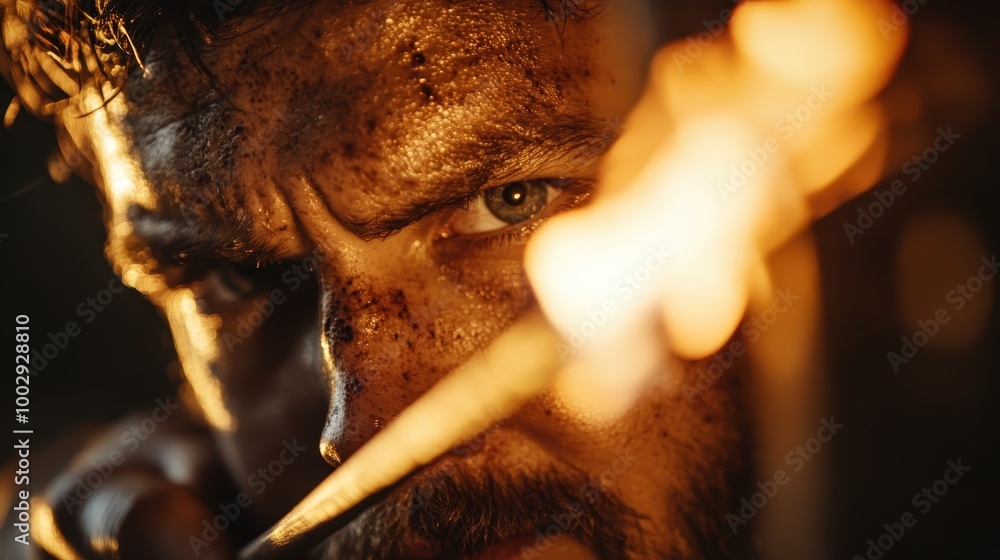 Poster a close-up shot capturing an intense craftsman with a focused gaze, skillfully working on his craft 