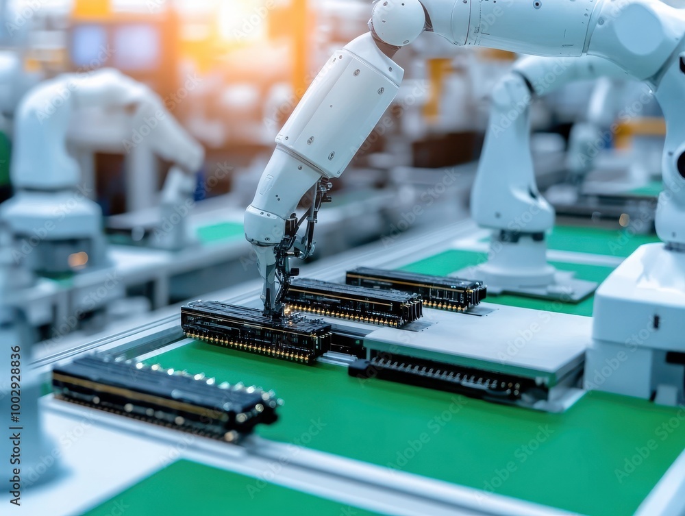 Poster advanced robotic arm assembling components on a production line in a modern factory setting.