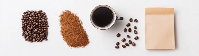 Naklejka premium Stylish coffee arrangement featuring whole beans, ground coffee, a cup of brewed coffee, and a neutral paper bag.