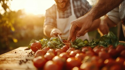A pair of chefs work enthusiastically outdoors at a rustic table, slicing fresh tomatoes and herbs under the golden glow of a sunset, emphasizing culinary craft and nature.