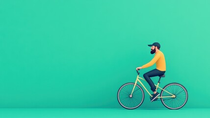 A stylish man riding a bicycle against a vibrant green background, showcasing urban lifestyle and leisure activities.