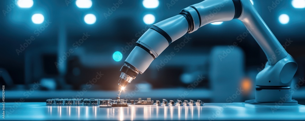 Poster close-up of a robotic arm working on a circuit board, showcasing advanced technology and precision i