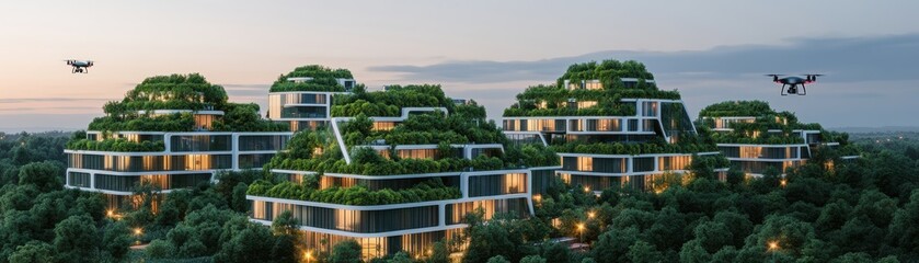 Stunning modern architecture with green rooftops nestled in nature, showcasing eco-friendly design and futuristic living.
