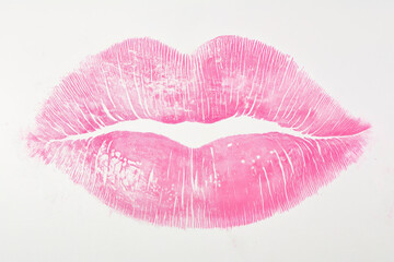 Pink kiss lips imprint on white background stylization. Print or custom design cosmetic or makeup products on mockup.