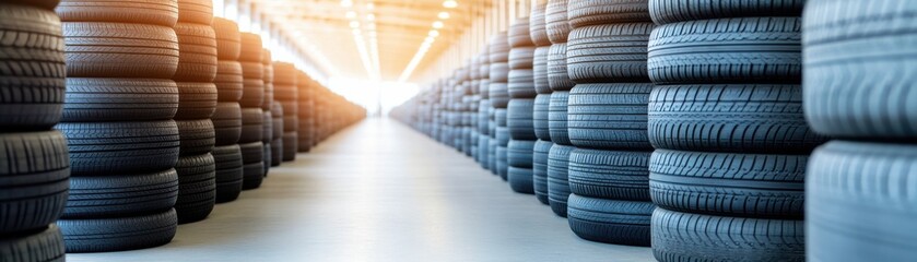 Obraz premium Rows of stacked tires in a well-lit storage facility, showcasing organization and cleanliness in automotive storage solutions.