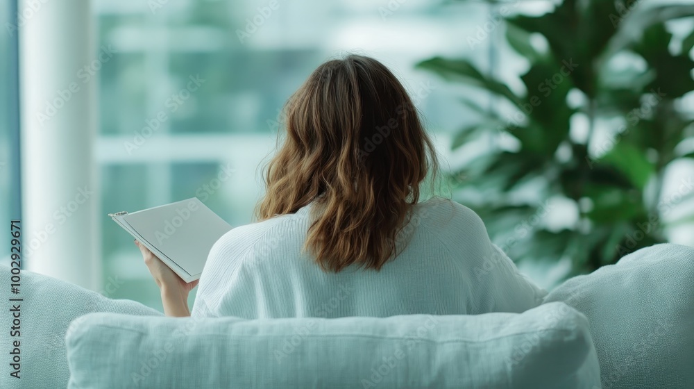 Poster a woman in a cozy setting is captured from behind while reading a book, illustrating relaxation and 