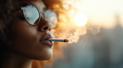Fototapeta premium A woman with round sunglasses smokes a cigarette at sunset, capturing a moment of contemplation and style against a backdrop of warm evening light.