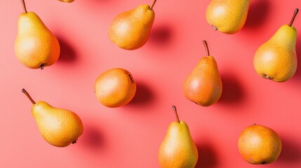 Assorted pears on red background