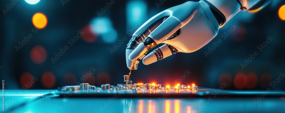 Poster a robotic hand interacts with a circuit board, symbolizing the fusion of technology and innovation i