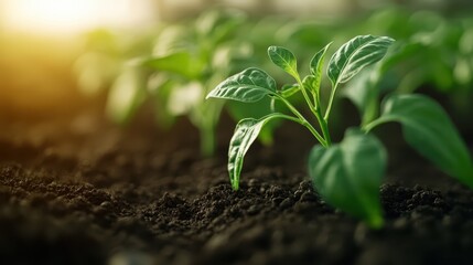 A close-up image of a young green plant sprouting from rich, dark soil, illuminated by soft sunlight, symbolizing new beginnings and growth.