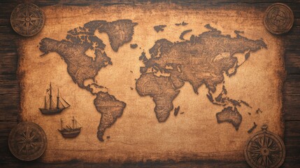 A vintage world map surrounded by nautical tools like compasses, ships, and sea monsters. The background is dark wood with aged textures