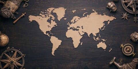 A vintage world map surrounded by nautical tools like compasses, ships, and sea monsters. The background is dark wood with aged textures