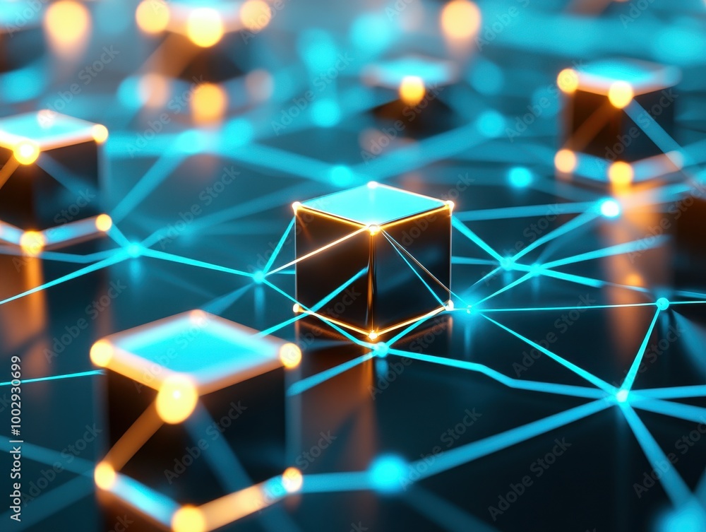 Poster futuristic digital network with glowing cubes connected by lines, representing technology and innova