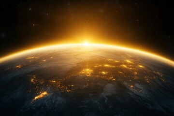 View of Earth from space at night, stars and city lights, an orange glow.