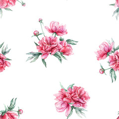 Seamless pattern with watercolor bouquet of pink peony flowers in full bloom. Hand drawn illustration beautiful floral flower. Repeat wallpaper with summer botanical plant on isolated.